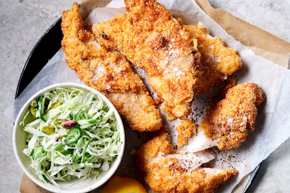 Buttermilk oven baked fish with green apple slaw.