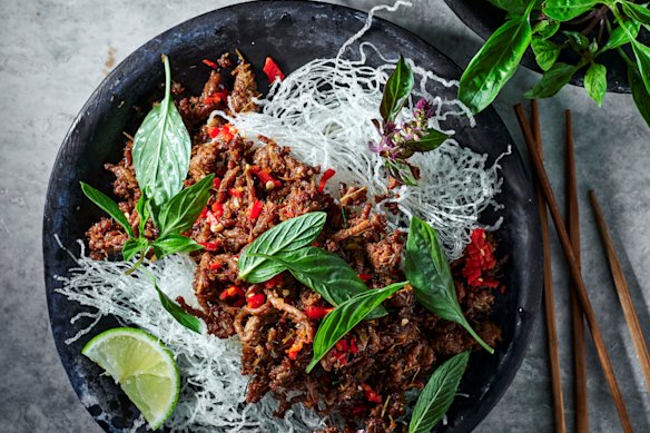 Lamb larb with crispy vermicelli.