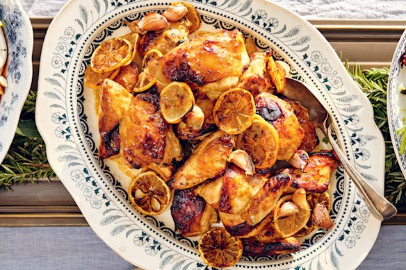 Honey-miso marinated chicken is roasted with garlic and lemon for a sweet-savoury finish.