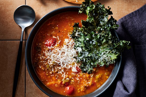 Take this tomato and lentil soup to the next level with kale and parmesan crisps.
