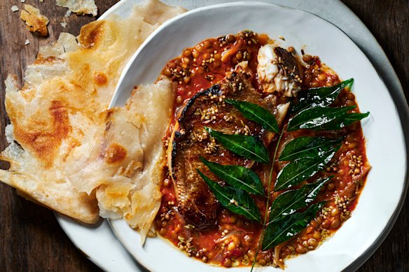 Jessica Brook’s lentil dhal with sticky tamarind roasted fish. 