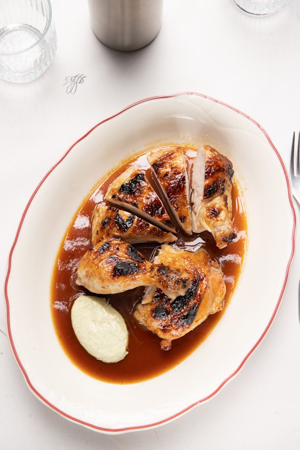 Roast chicken with black garlic glaze.