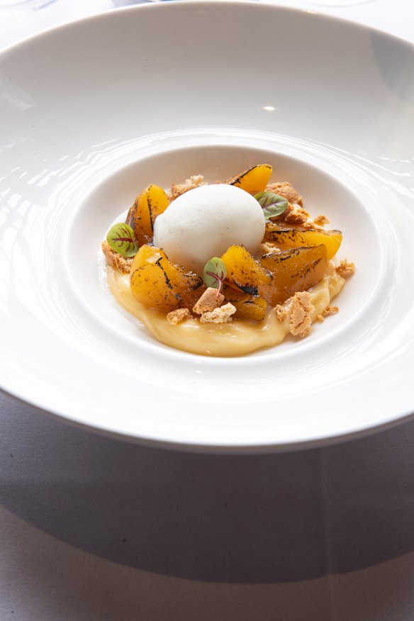 A peach and yuzu dessert.