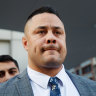 Jarryd Hayne leaves court in April 2023 after being convicted of sexual assault for a second time.