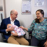 Treasurer Matt Kean speaks with new mother Natascha Flowers at the Royal Hospital for Women on Sunday.