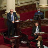 Fiona Patten, bottom right, listens to Adem Somyurek speaking in the upper house in 2020.