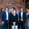Former Darlinghurst Police Station near Taylor Square. (L-R) City of Sydney councillor Lyndon Gannon, Ian Roberts, Ita Buttrose, David Polson, Greg Fisher and Katherine Wolfgramme. 16th May 2022. Photo: Edwina Pickles / SMH