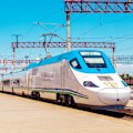 The high-speed passenger express Afrosiyob at the platform of Bukhara railway station, Uzbekistan.