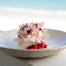 Strawberry gum lamington with Davidson plum jam.