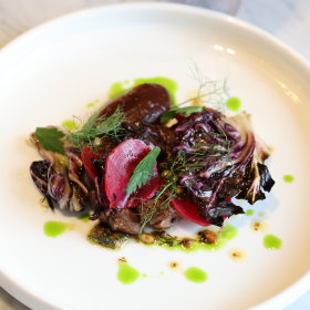 Wagyu ox tongue with treviso and beetroot.