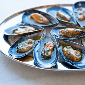 Spring Bay mussels with green pepper salsa verde.