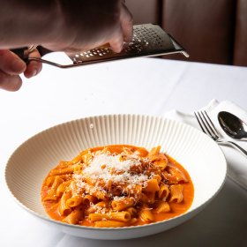 Rigatoni, gin, pomodoro and fermented chilli.