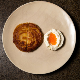 Malawach with buttermilk ricotta and trout roe. 