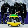 Jamaica’s four-man bobsled team at the track in Cortina. 