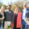 The happy buyers Manu and Kristen with vendor Pamela Sayers and agent and auctioner, Brian Fairweather at the Collaroy auction.