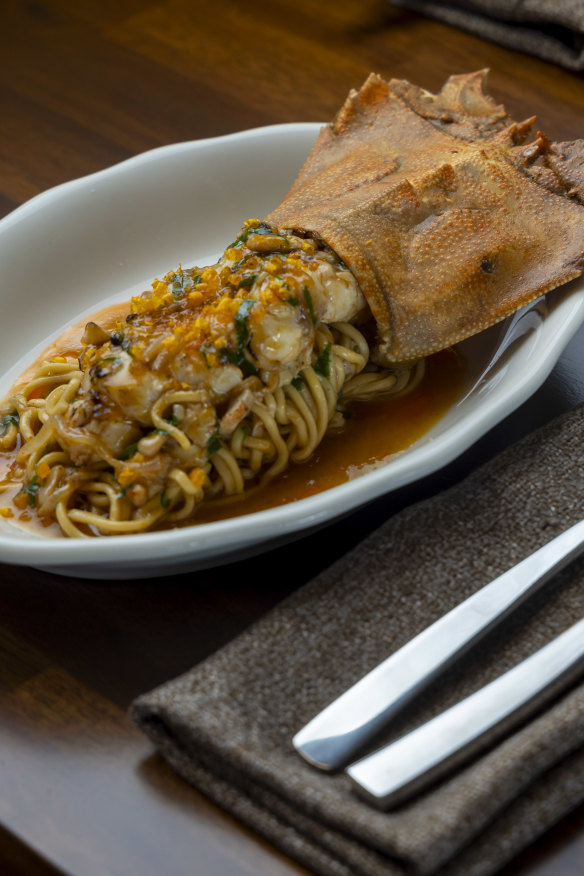Moreton Bay bug spaghetti with cured egg yolk.