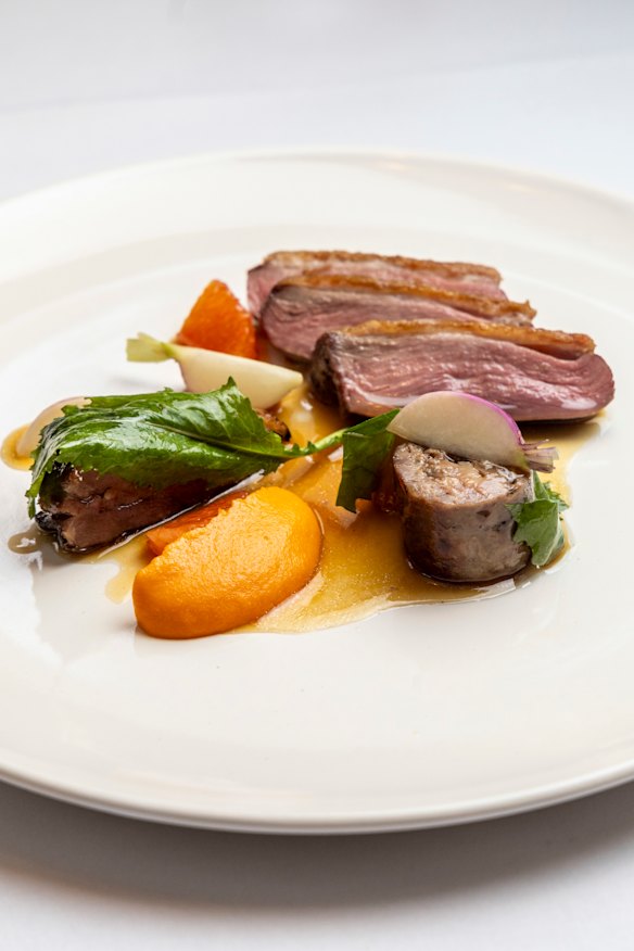 Great ocean duck with mandarin and turnip.