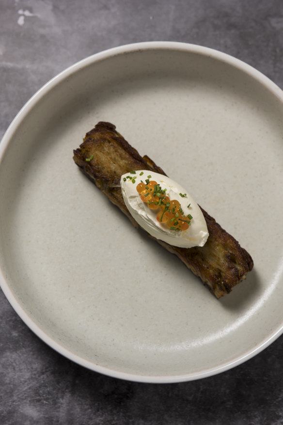 Kombu potato, creme fraiche and salmon roe. 