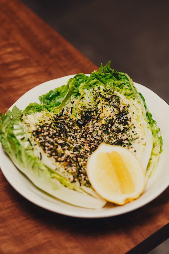 Cos lettuce salad with roasted sesame dressing.