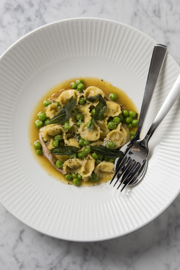 Mortadella agnolotti, peas and brown butter.