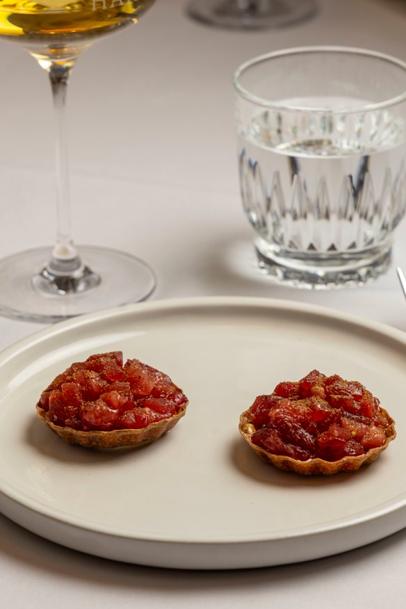 Bluefin tuna and fermented porcini mayonnaise in a rye tartlet.