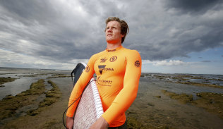 It's his workplace: one of the few Australian pro kite surfers, James Carew, pictured at Point Danger, Torquay. 