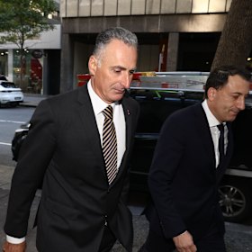 Pandemic delays: John Sidoti, left, arrives at the ICAC in Sydney in April last year.