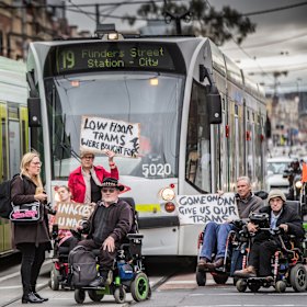 A small band of disability advocates campaigning for better access to trams back in 2018.
