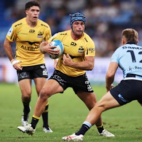 Hamish Stewart of the Force takes on the defence during the round four Super Rugby Pacific match.