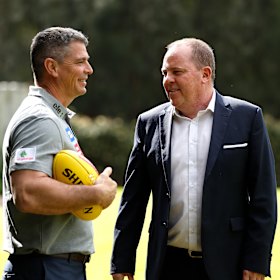 New GWS coach Adam Kingsley with club CEO Dave Matthews.