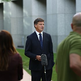 Shadow treasurer Angus Taylor speaking to the media ahead of the budget.