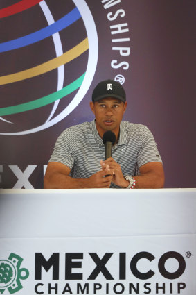 Woods addressing the media ahead of his first professional appearance in Mexico.