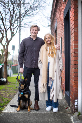 Harry Pepperell and Charlotte O’Malley, with dog Jesse, recently bought their first home in McKinnon.