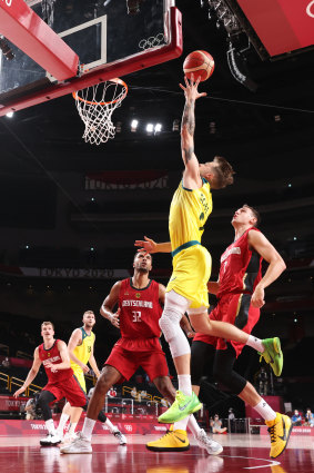 Nathan Sobey drives to the basket and had a big impact for the Boomers