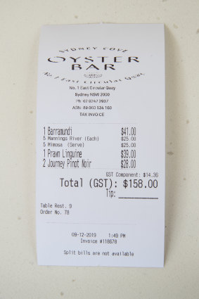 The receipt after lunch at Sydney Cove Oyster Bar.