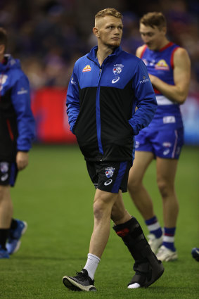 Adam Treloar was wearing a moon boot by the end of the Bulldogs’ clash with the Saints. He is set for a stint on the sidelines.