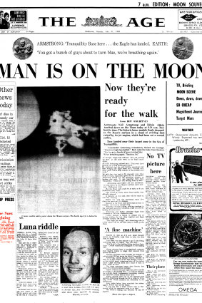 Front page of The Age, July 21, 1969 - MAN IS ON THE MOON. 