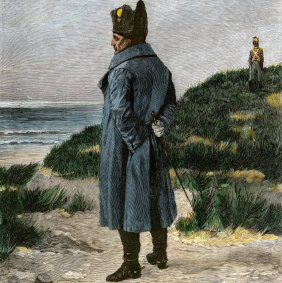 A woodcut of Napoleon in exile on St Helena as a British prisoner.