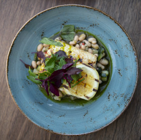 The chargrilled swordfish with cannellini beans, capsicum and green olive salsa.