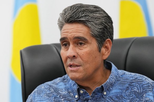 Palau’s President Surangel Whipps Jr. speaks to reporters at the Pacific Islands Forum Leaders Meeting on Sunday.