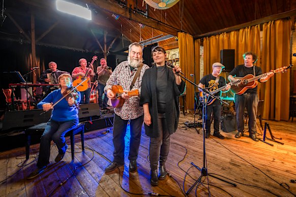 Rehearsing at Bakehouse Studios for Vandemonian Lags, from left: Mark Wallace, Jen Anderson, Darren Hanlon, Craig Pilkington, Mick Thomas, Shelley Short, Jeff Lang and Ben Salter.