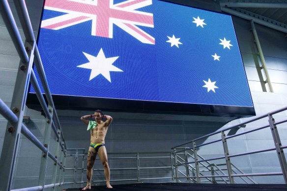 Rousseau practises off the 10-metre platform.