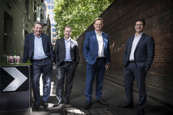 Bega chairman Barry Irvin; Steve Rae EGM Strategy; CEO Paul van Heerwarden; and Pete Findlay CFO.
