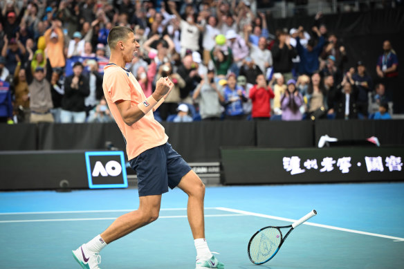 Alexei Popyrin celebrates after his tough five-set triumph.