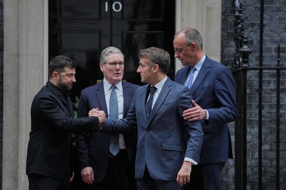 Ukrainian President Volodymyr Zelensky, left, with Britain’s Prime Minister Keir Starmer, French President Emmanuel Macron, and German Chancellor Friedrich Merz on the doorstep of 10 Downing Street in London on Monday. 
