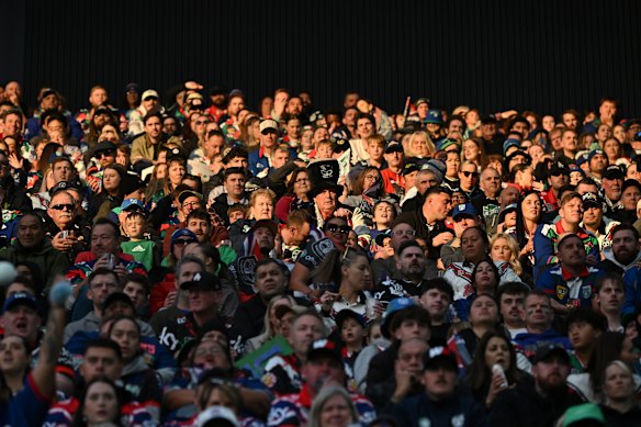 Warriors fans look on during the round 16 NRL match between New Zealand Warriors and North Queensland Cowboys at One NZ Stadium in Christchurch in June.