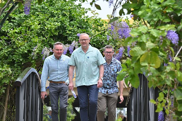 Australia’s Minister for Climate Change Chris Bowen, Prime Minister Anthony Albanese and Minister for Defense Industry Pat Conroy in Palau.
