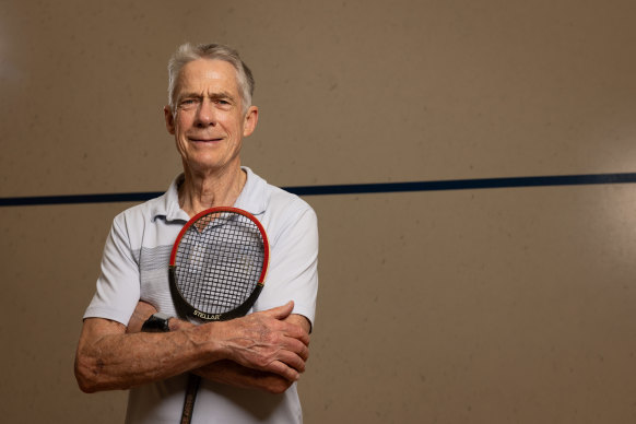 Squash legend Geoff Hunt on the Gold Coast with the racquet he won a British Open with.