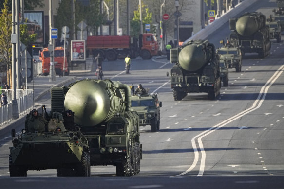 Russian RS-24 Yars ballistic missiles move towards Red Square for a Victory Day military parade.