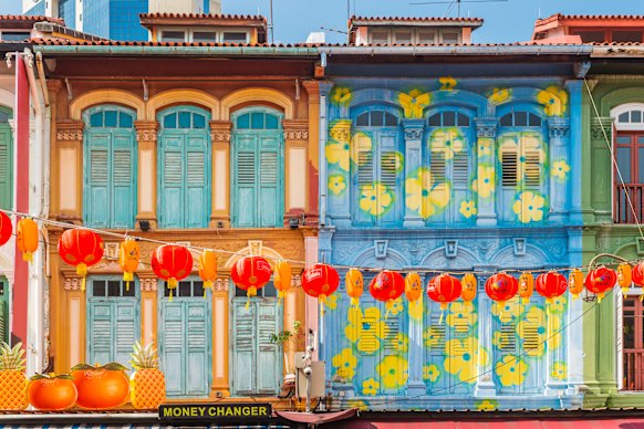 Rows of brightly painted traditional shop houses are a feature of Singapore’s vibrant Chinatown neighbourhood.